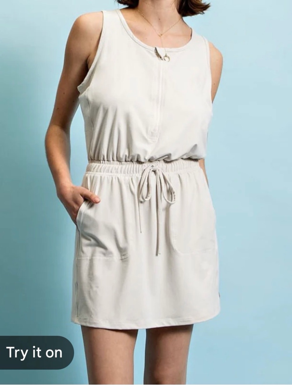Sleeveless Drawstring Waist Casual Mini Dress romper in Light Beige